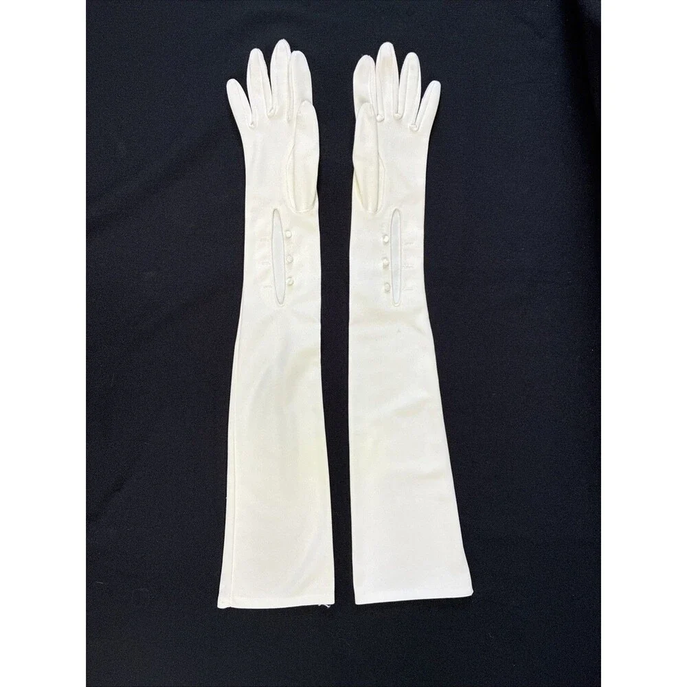 Vintage 50s Ivory Opera Length Gloves Button Evening Prom Cosplay Coquette Flaws
